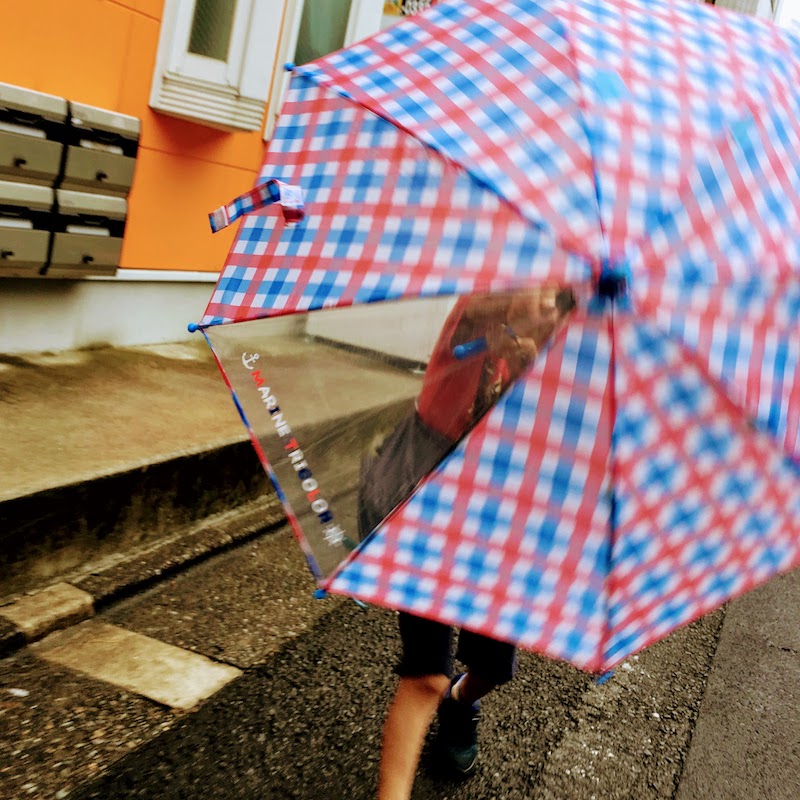 Umbrella and orange wall